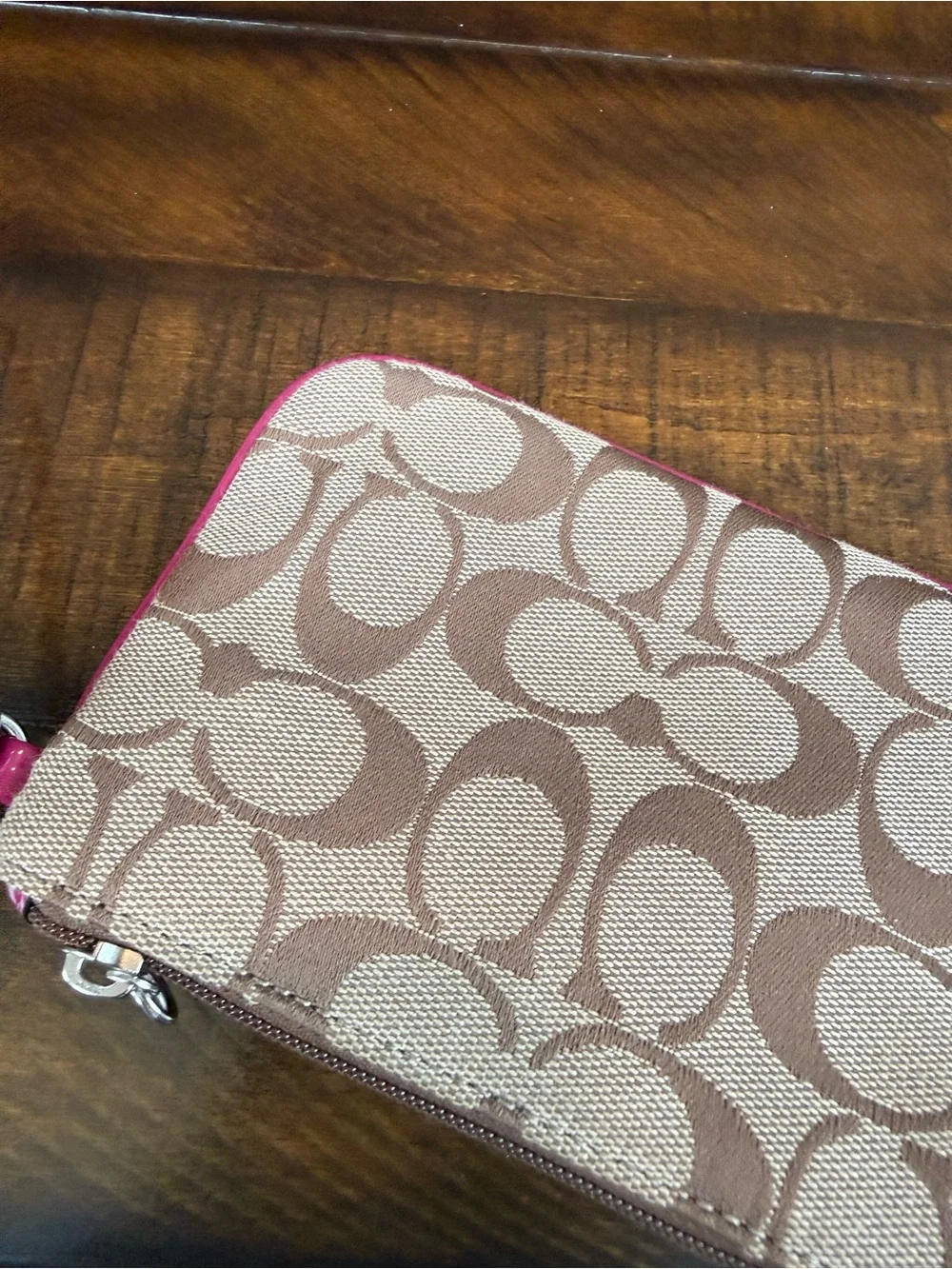 Coach Beige Signature Canvas Wristlet with Pink Trim